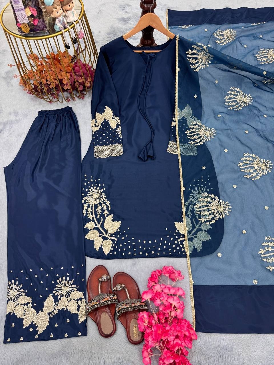 Party Collection Pure Natural Crepe Blue Top Palazzo And Dupatta For Women Wear