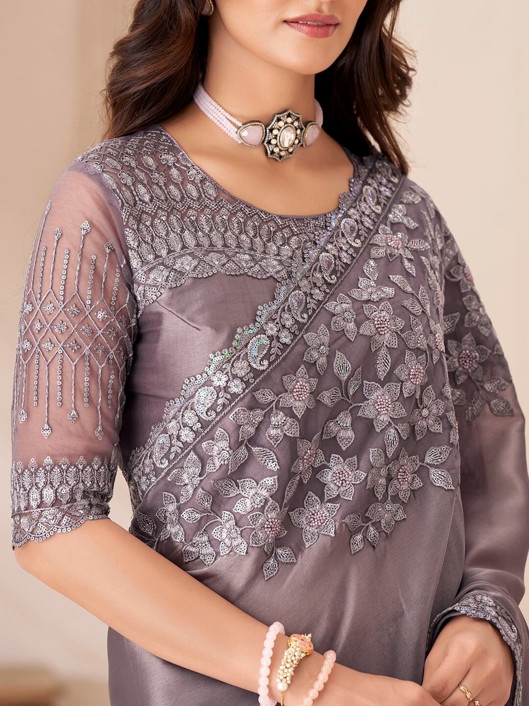 Women’s Pure Chiffon Embellished Saree With Unstitched Blouse