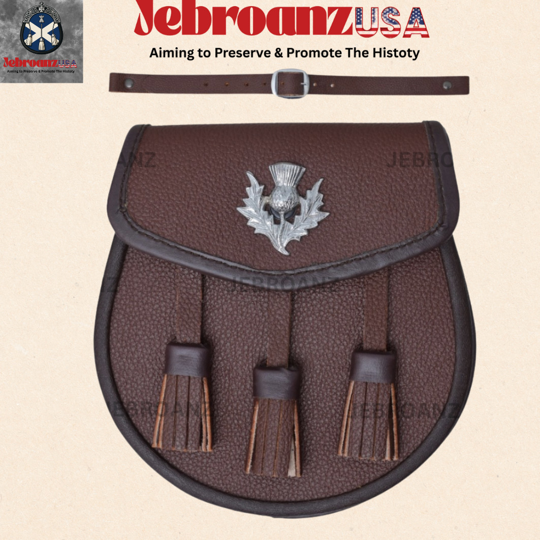 Scottish Brown Leather Kilt Thistle sporran + Three tassels Sporran & Chain Blet