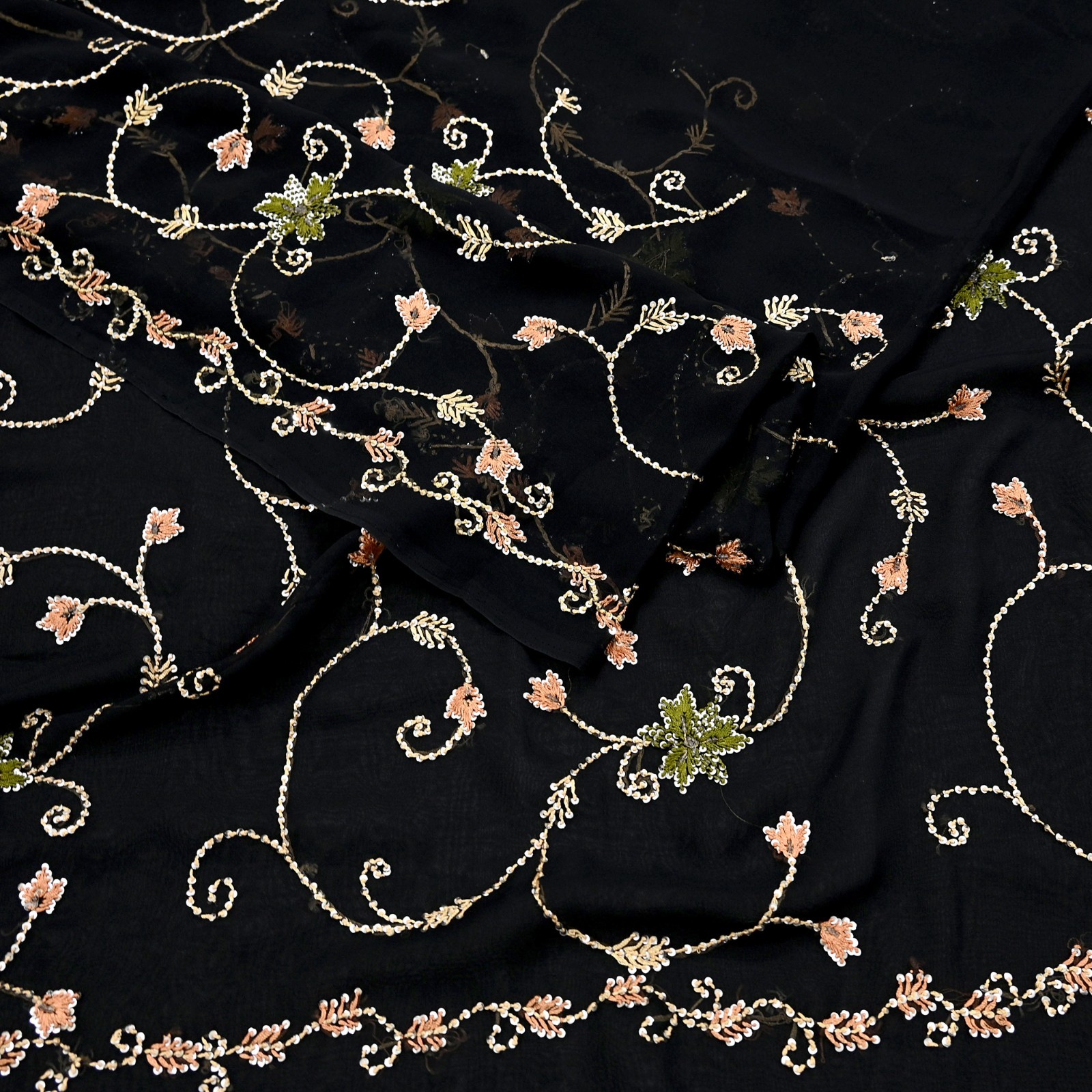 Indian Vintage Heavy Sari Black Pure Georgette Silk Hand Beaded Sarees Ethnic