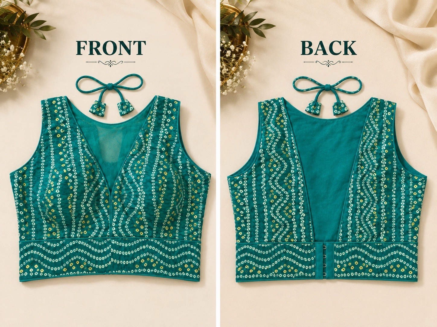 Handmade Women Blue Bandhani Print Sleeveless Tie-Back Choli Blouse One Size.