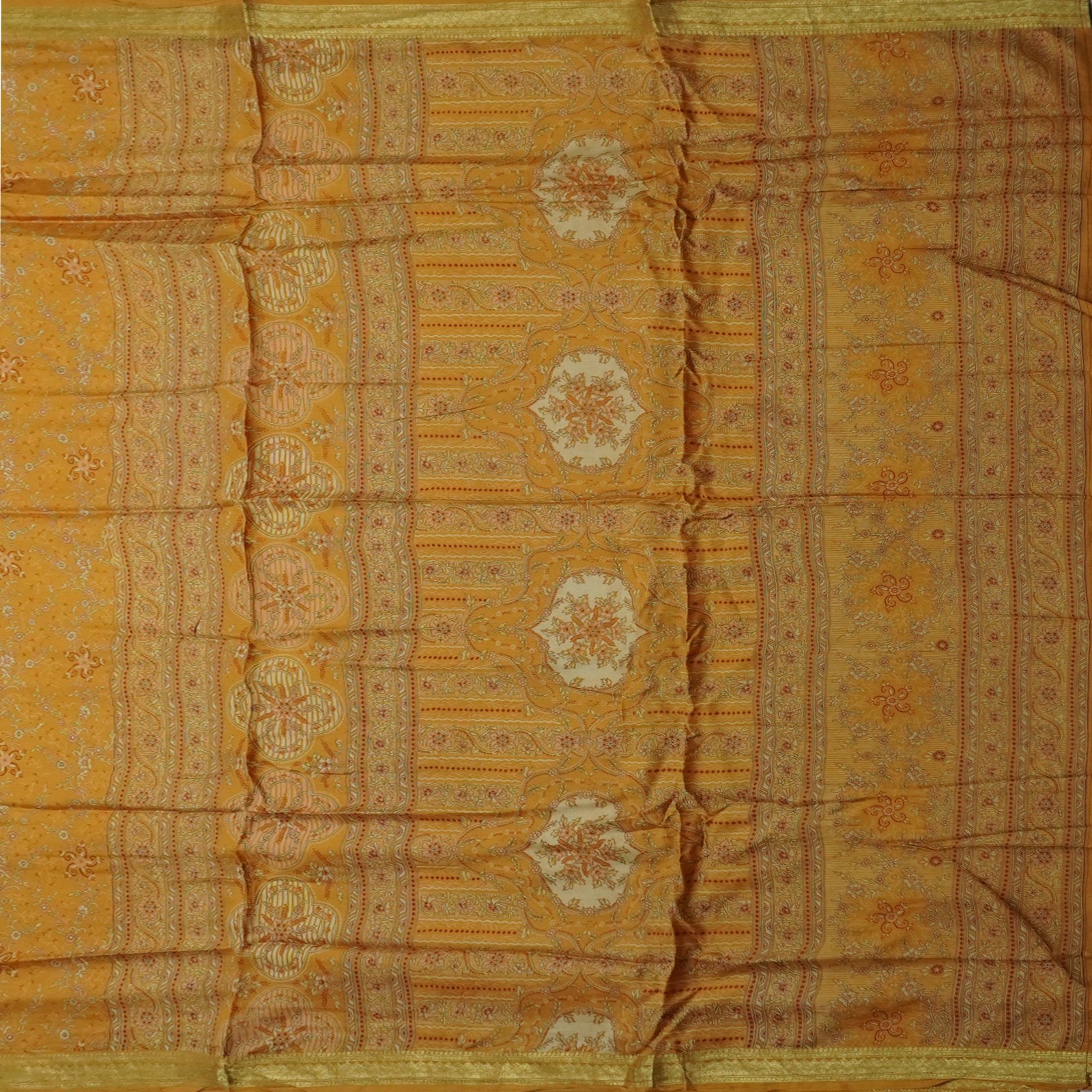 Vintage Mustard Sarees 100% Pure Silk Printed Zari Border Sari 6YD Craft Fabric