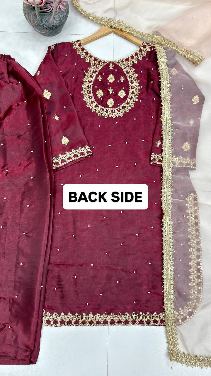 Wedding Wear Maroon Moss Satin Salwar Kameez With Dupatta For Women & Girls