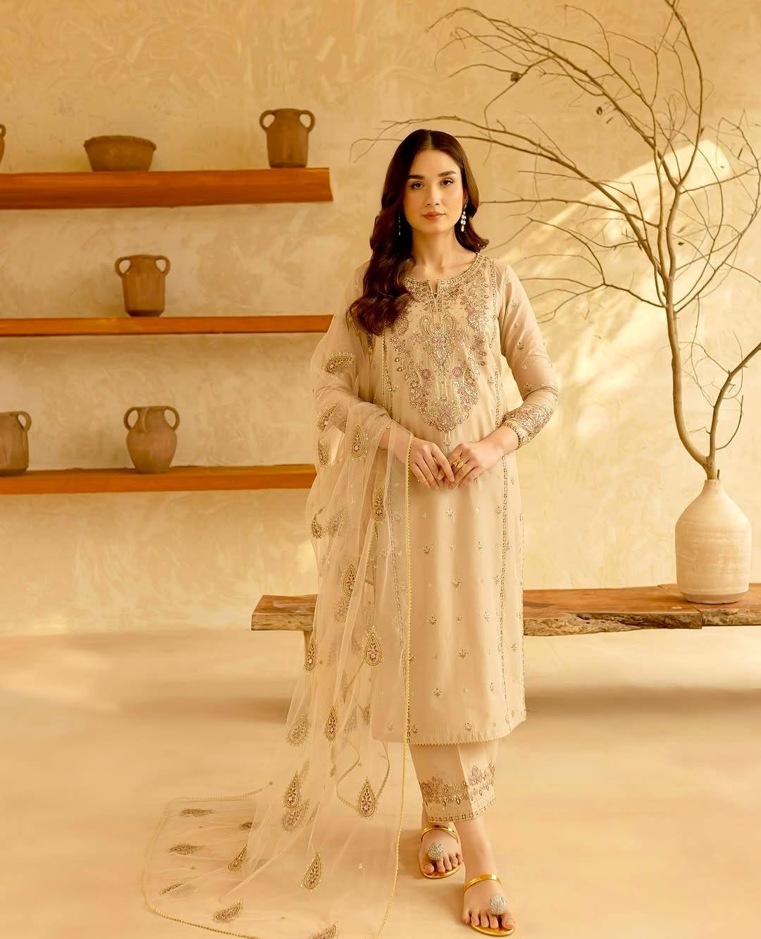 Traditional Roman Silk Cream Salwar Kameez With Dupatta For Women Wear