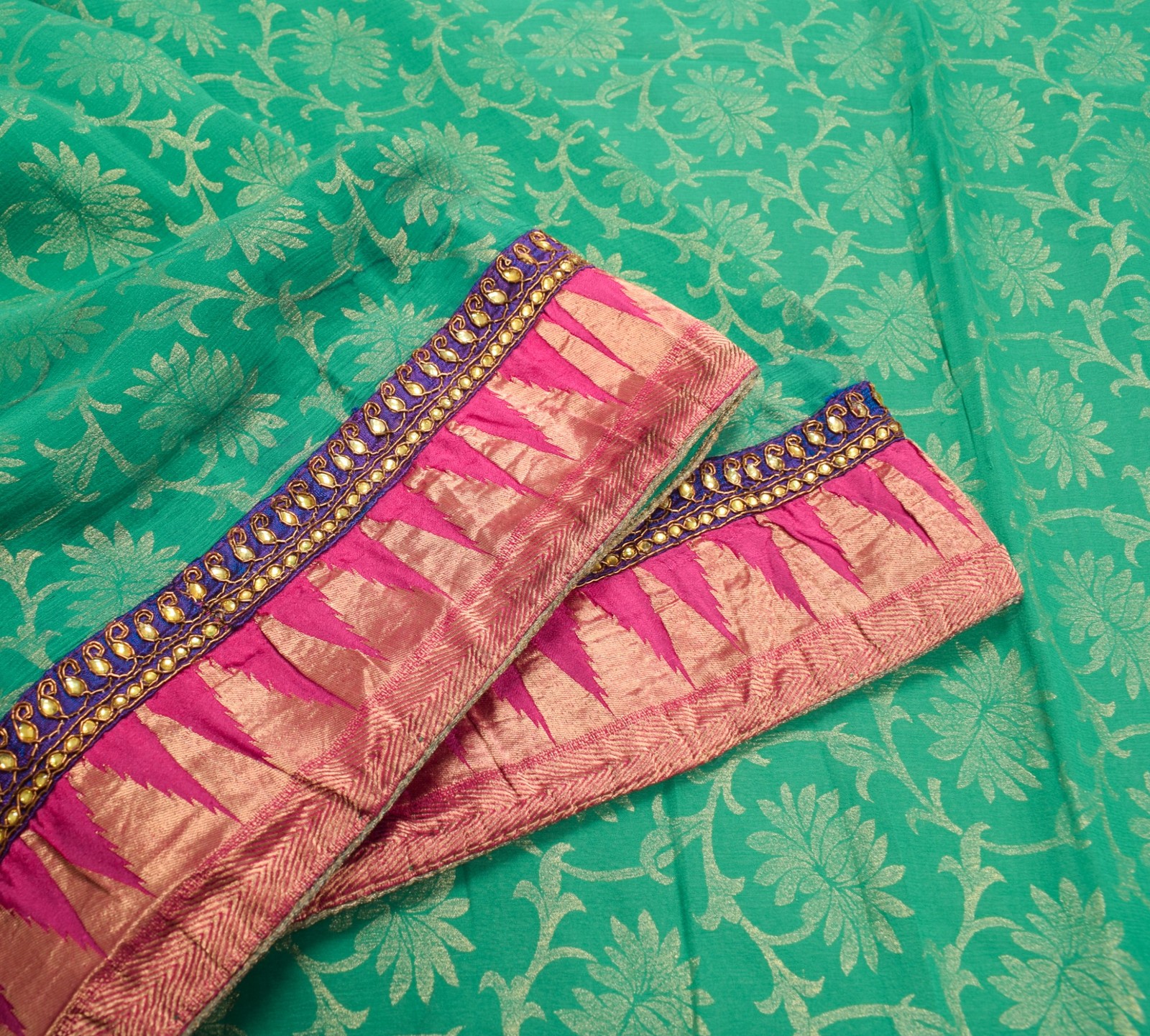 Sushila Vintage Floral Saree with PatchWork Border Teal Green Pure Chiffon Sari