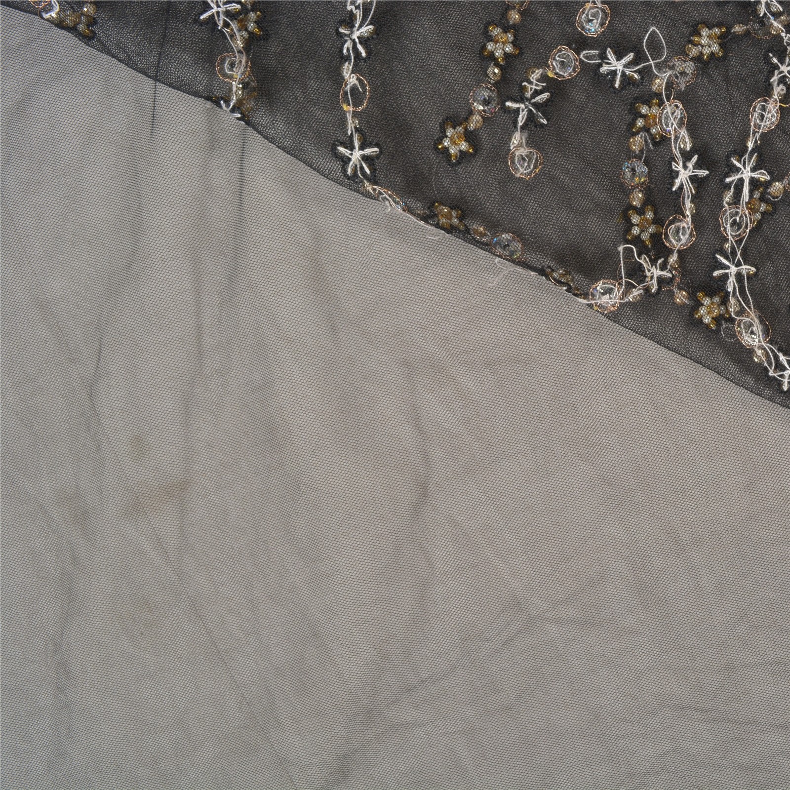 Sanskriti Vintage Black Sarees Net Mesh Hand Beaded Zardozi Party Sari Fabric
