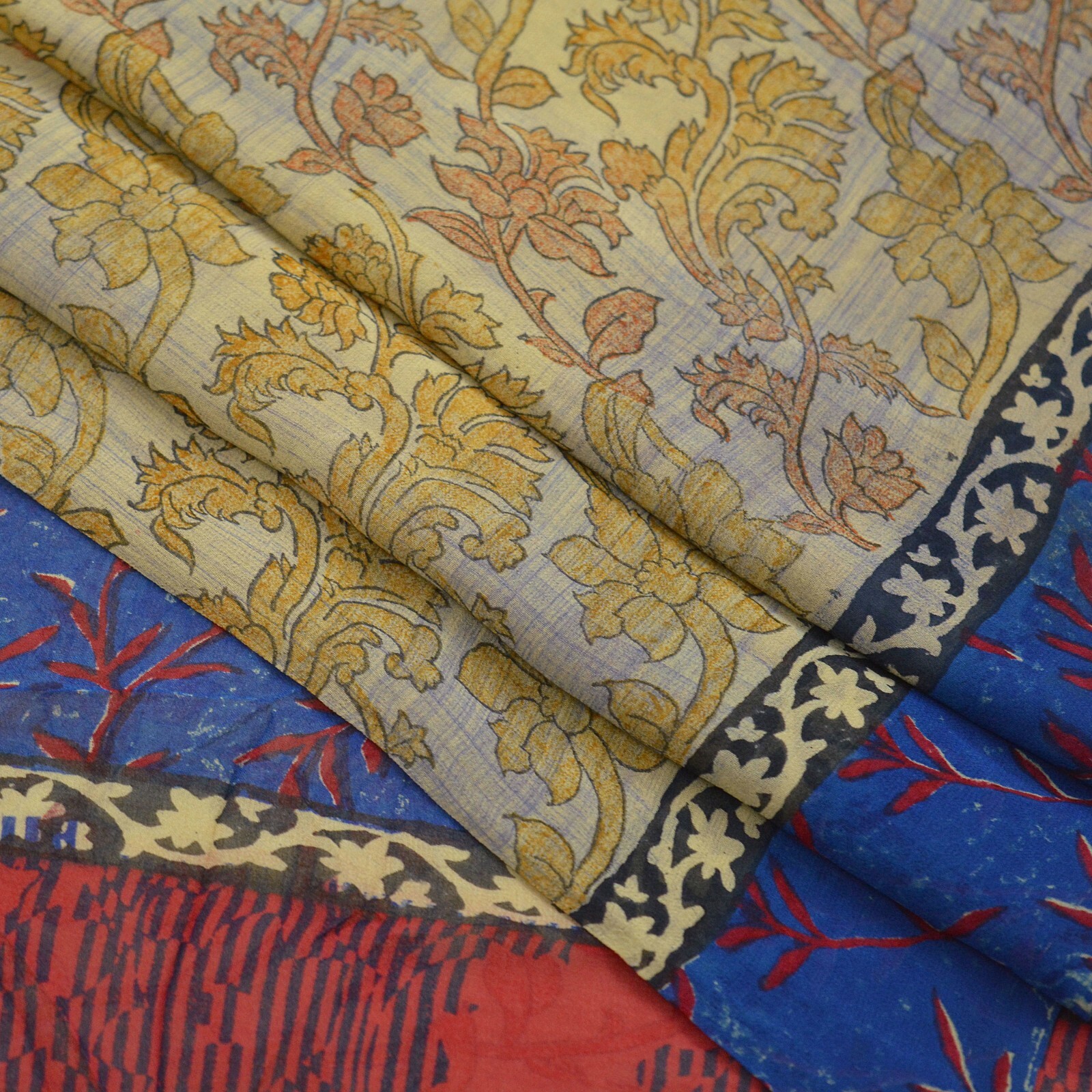 Indian Vintage Sari Beige & Blue Pure Georgette Silk Sarees Craft Fabric Sewing