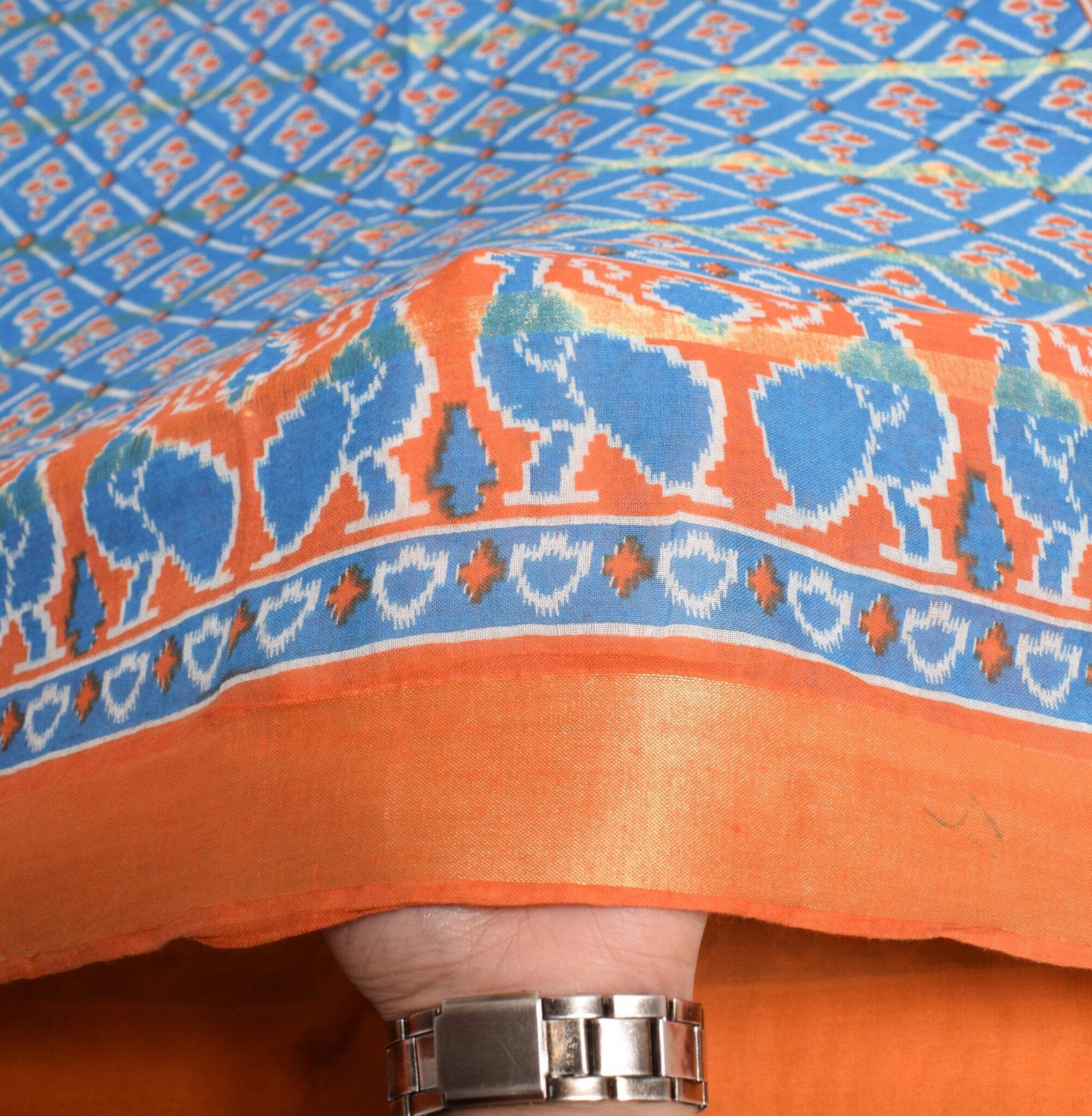 Sushila Vintage Ikat Print Saree Turquoise Blue Pure Cotton Soft Craft Fabric