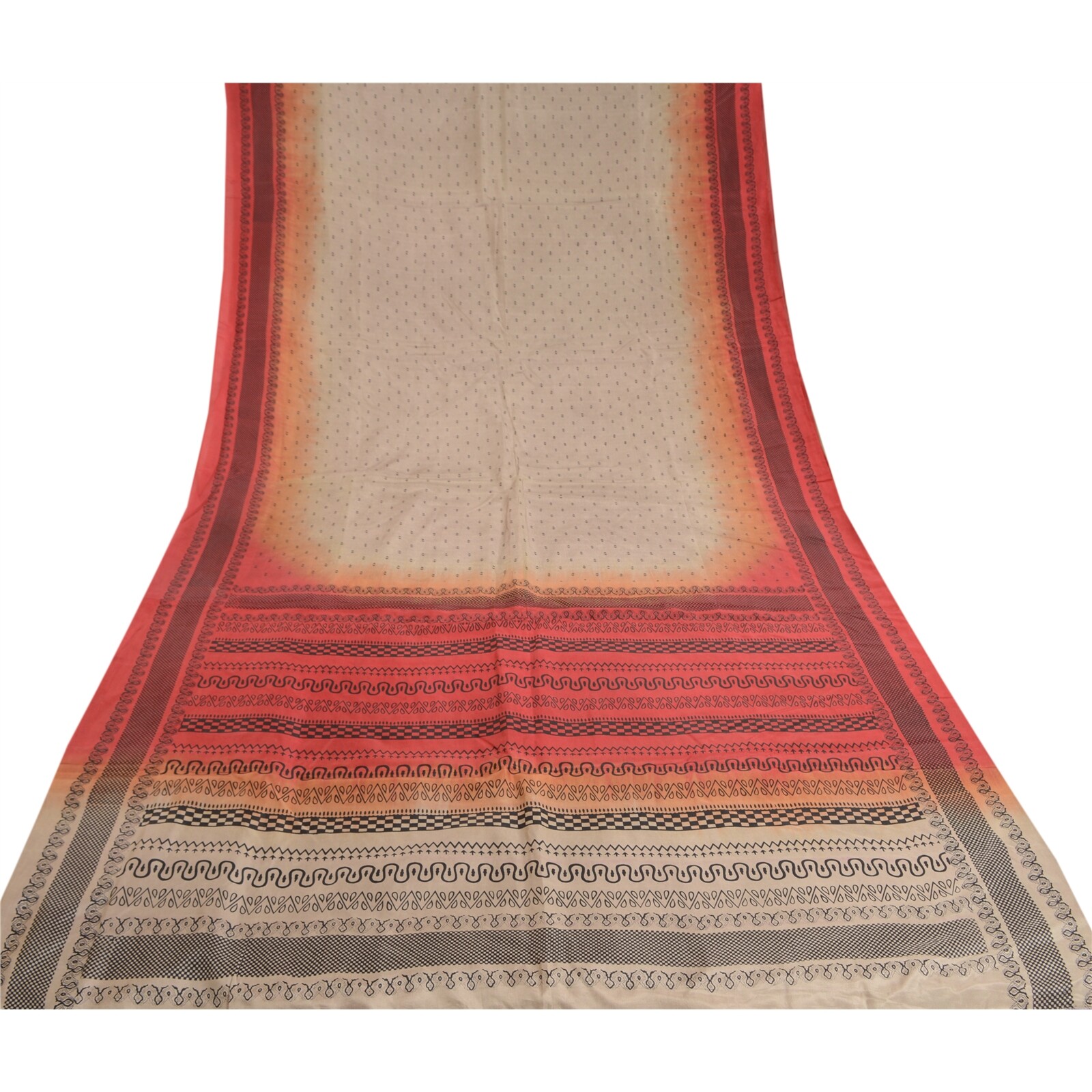 Sanskriti Vintage Sarees Cream & Red Pure Silk Printed Sari Floral Craft Fabric