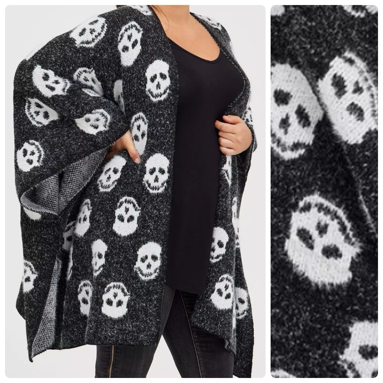Torrid Women’s Ruana Eyelash Yarn Skull Print Kimono Poncho Black White OS