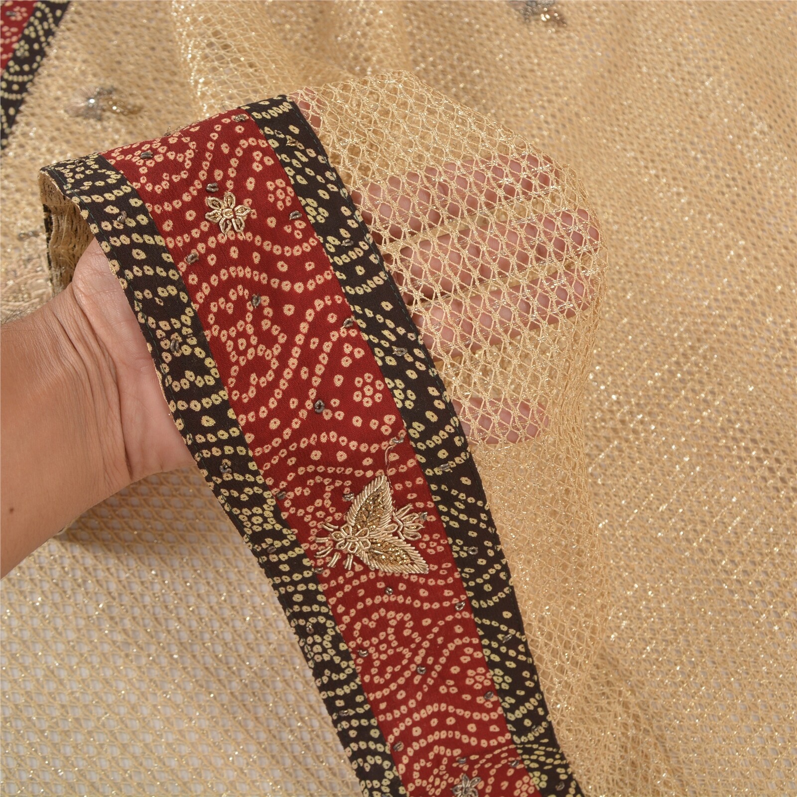 Sanskriti Vintage Sarees Net Mesh Ivory Hand Beaded Cultural Sari 5 Yard Fabric