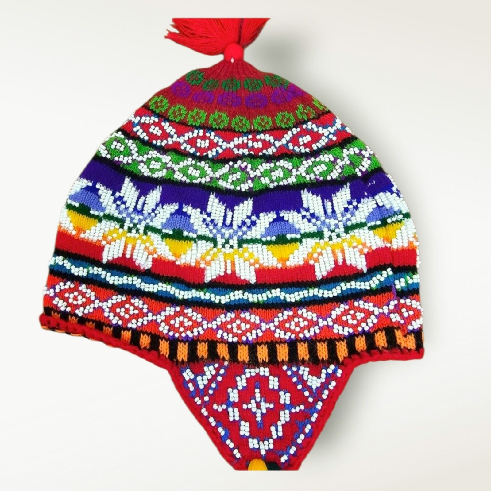 Allpaka Peruvian Handmade Unisex Beaded Chullo Shaman Tasseled Hat