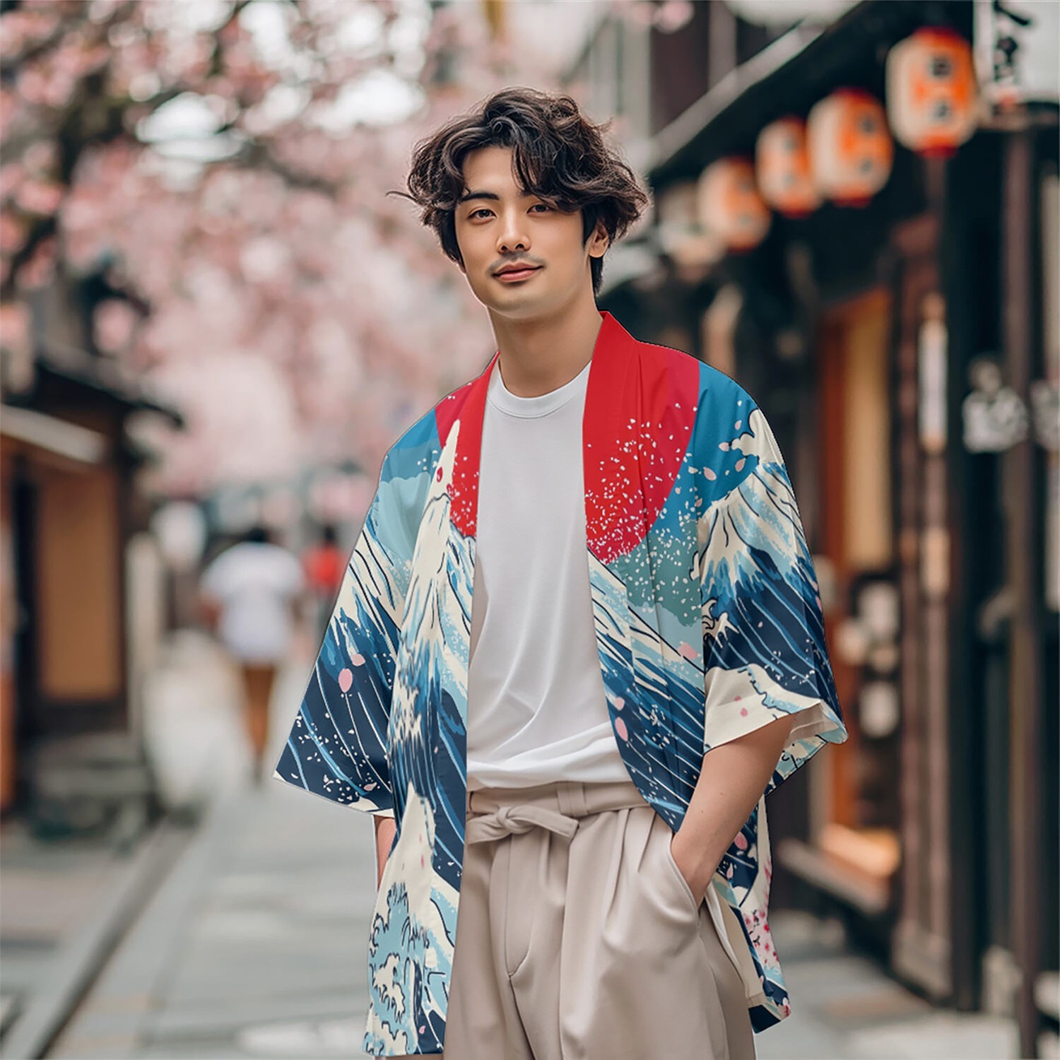 Niepce Men’s Japanese Graphic Lightweight Fuji Waves Kimono Cardigan Shirt Top