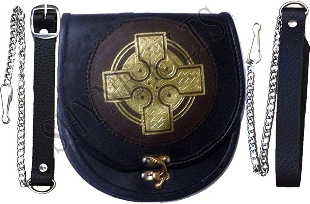 Leather Sporran Gold Cross Black/Brown Leather Sporran for Kilts with Chain Belt