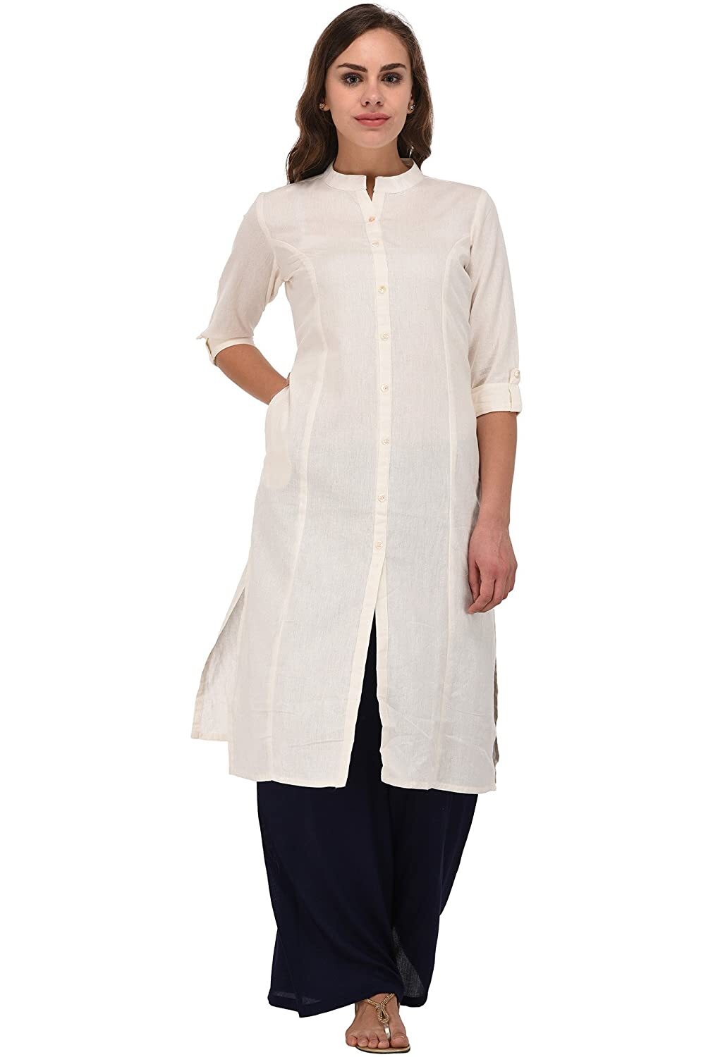 Cotton Kurta For Women 3/4 Sleeve Solid Black Straight Kurti Dress