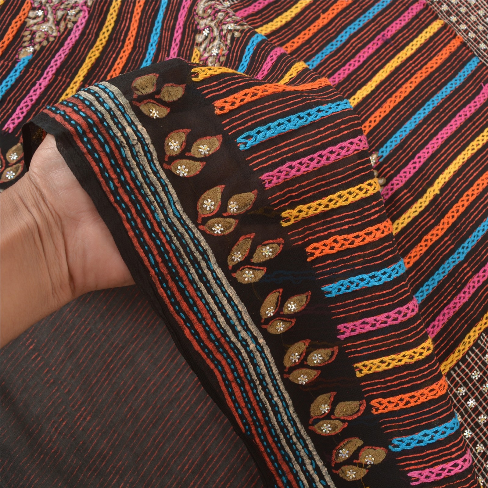 Sanskriti Vintage Sarees Blend Georgette Hand Beaded Cultural Craft Sari Fabric