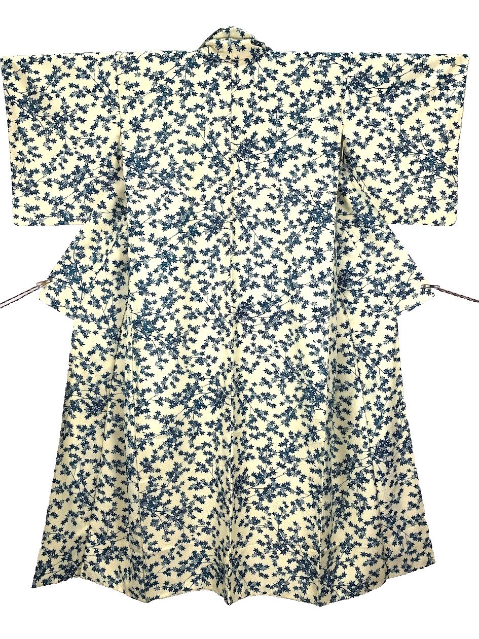 Vintage Komon Kimono Maple Leaves Classic Blue Jimon Silk Robe Long Duster Coat