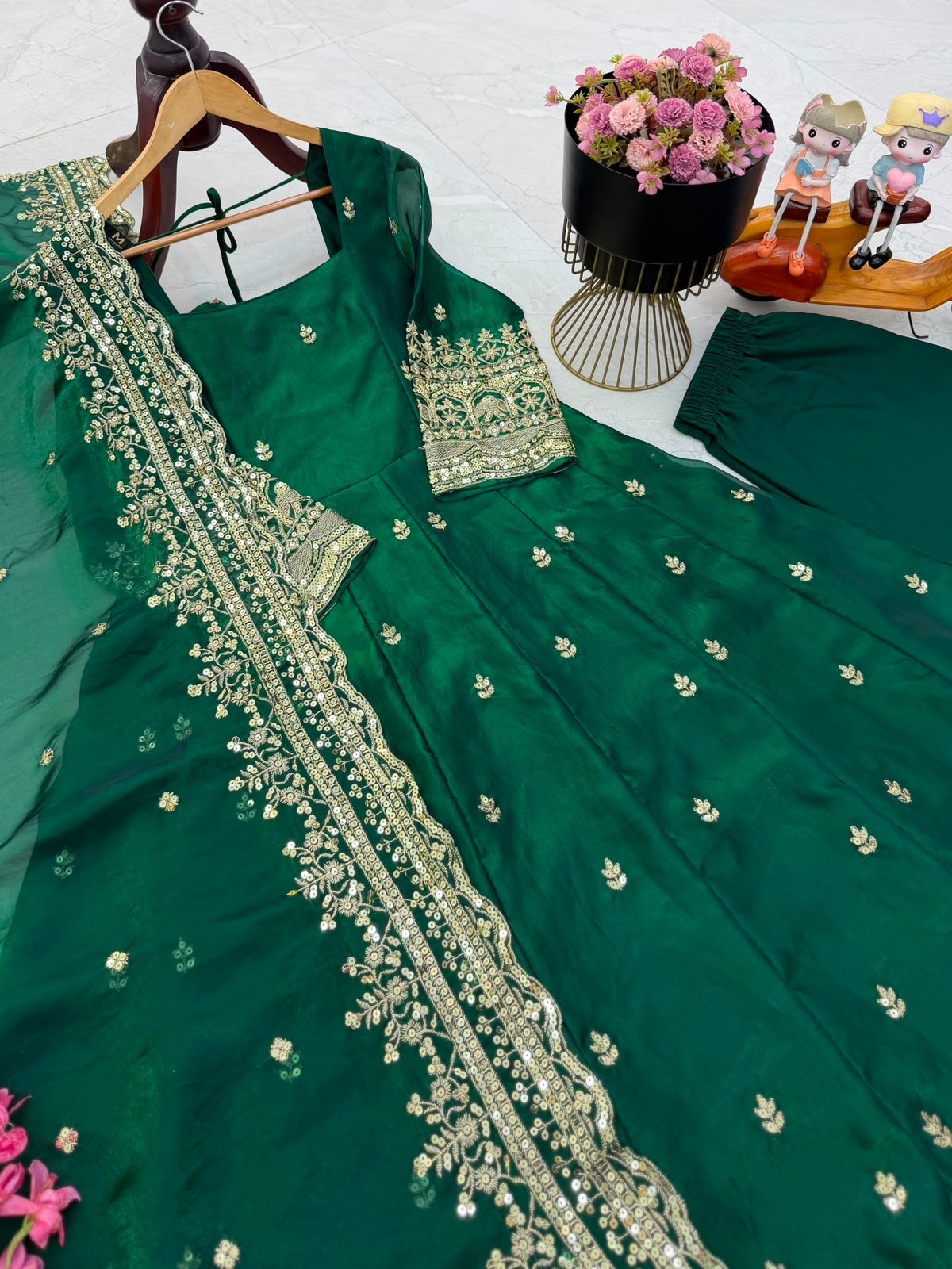 Green Fendy Silk Ready Made Heavy Embroidery Anarkali Suit Party Wear Dress XL