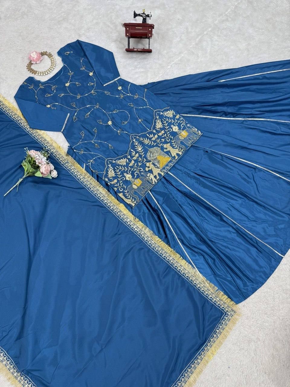 Stunning Look Natural Crep Silk Blue Top Lehenga With Dupatta For Festive Wear