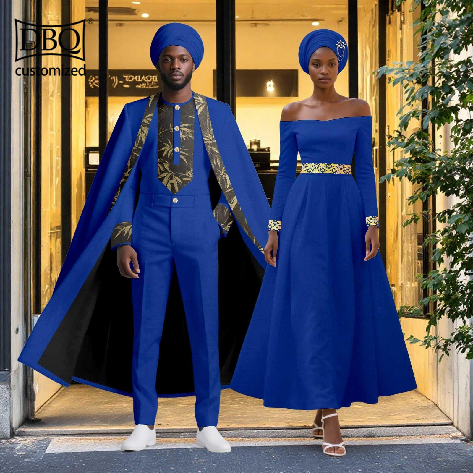 African Couple Clothes Men Long Cloak+Jacket Pants Set Women Dress with Headwrap