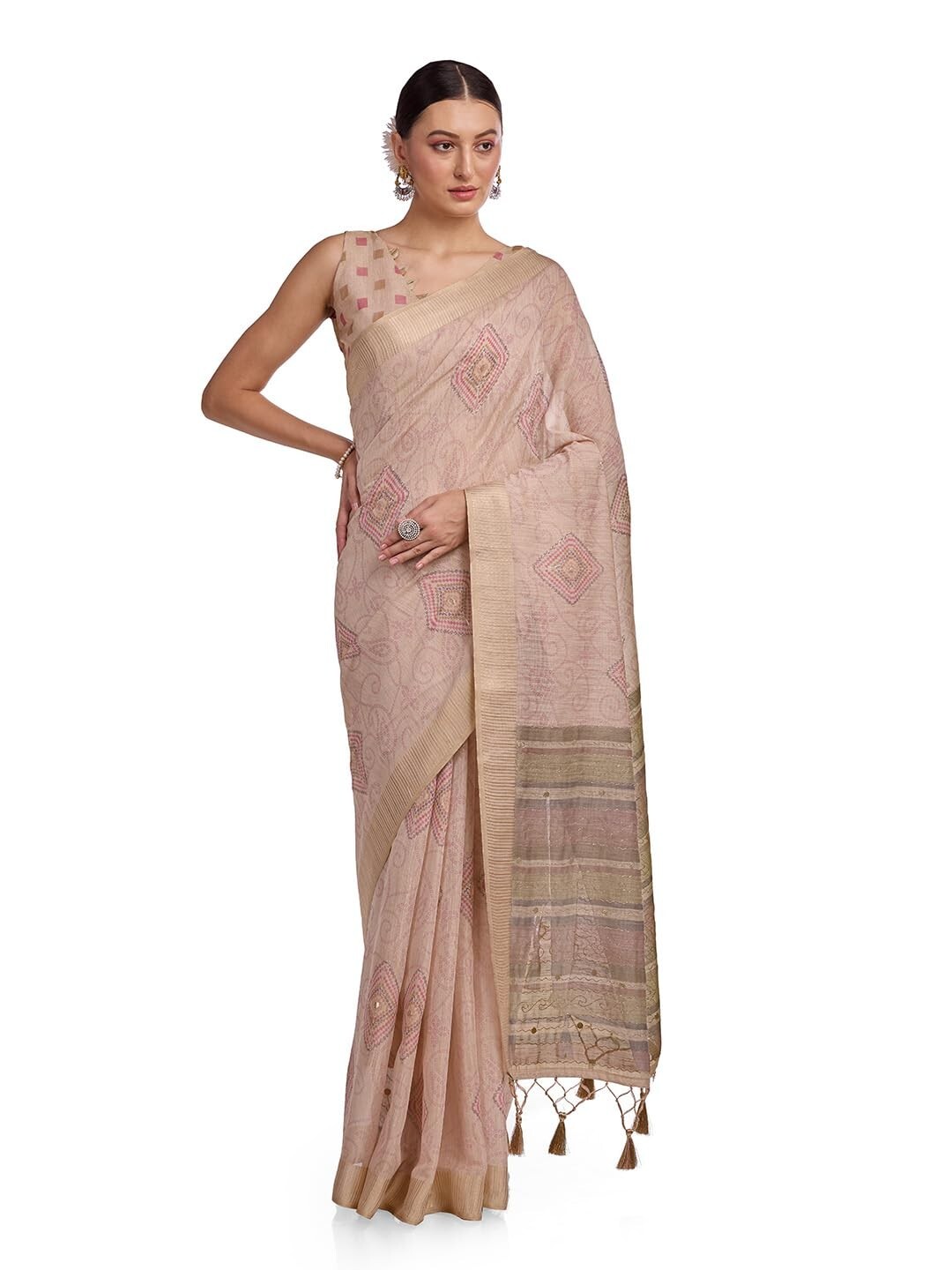 Women’s Heavy Organza Silk Linen Prism Print Saree with Zari Handwork Saree