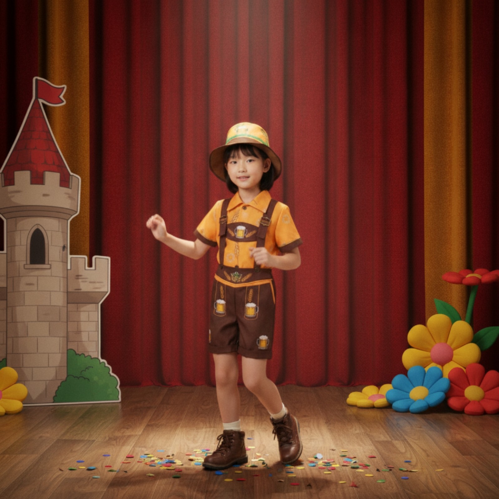 German Costume with Hat Kids Lederhosen Attire Short-Sleeve for Halloween
