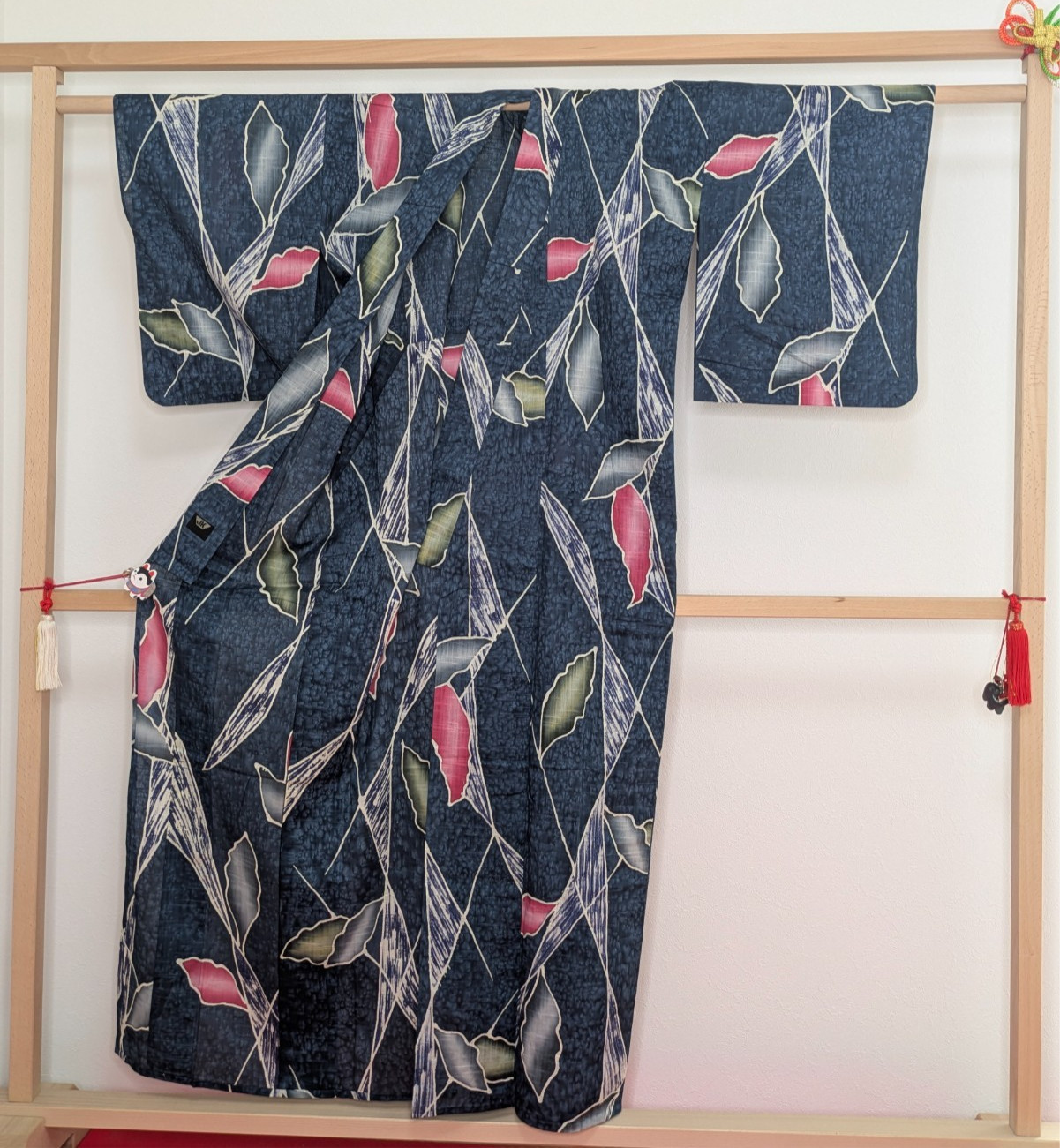 Japanese Kimono Cotton Yukata Navy Blue Colored Leaves Junko Koshino Summer Wear