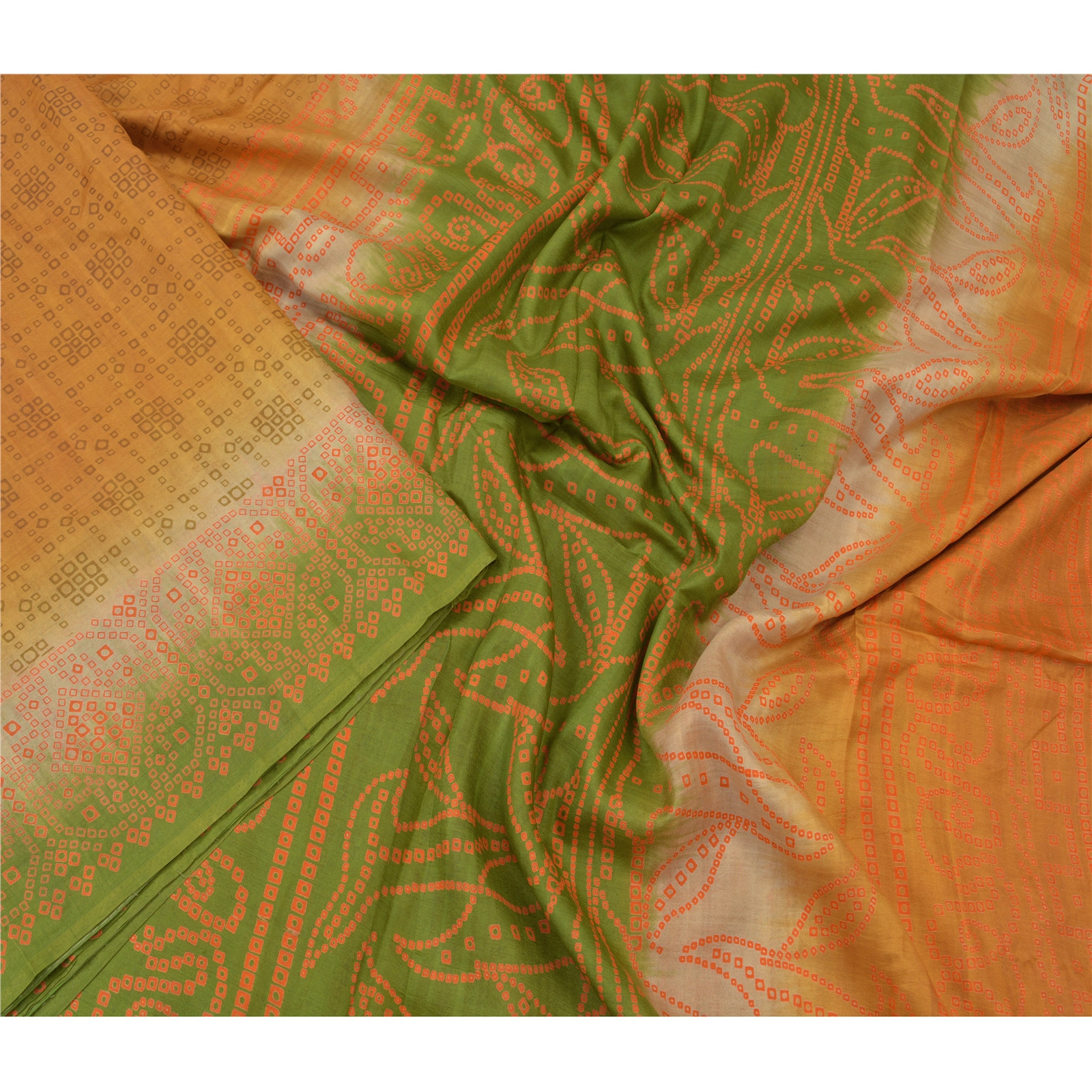 Sanskriti Vintage Sarees Saffron/Green Puresilk Bandhani Print Sari Craft Fabric