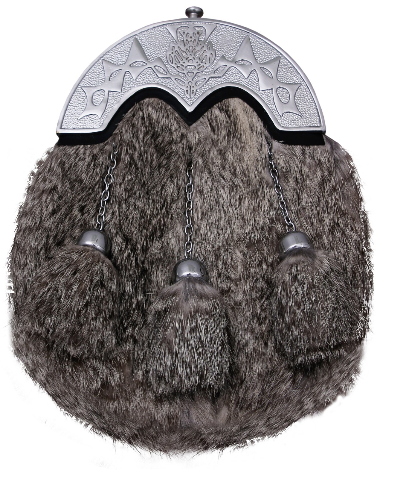 GREY RABBIT FUR FULL DRESS SPORRAN WITH CHROME FINISH CANTLE WITH – 3 TASSELS