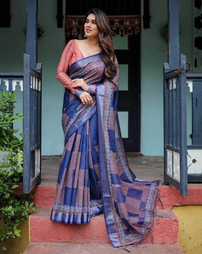 Printed Assam Silk Linen Saree