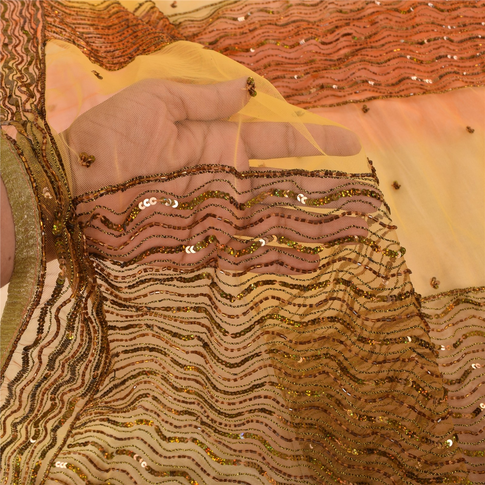 Sanskriti Vintage Yellow/Orange Sarees Net Mesh Hand Beaded Ethnic Sari Fabric