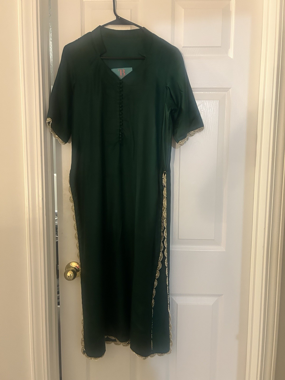 Trupti Bhula Women’s Green Kurta Tunic Dress Gold Trim, Size M, Woven
