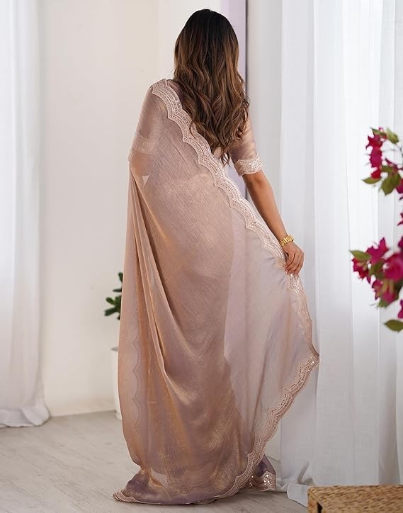 Women’s Shimmer Chiffon Sequence Embroidery Saree With Unstitched Blouse Piece