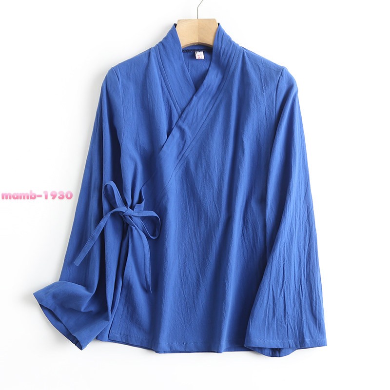 Chinese Style Womens Cotton Flared Long Sleeve Hanfu Cross Collar Tie Daily Wear