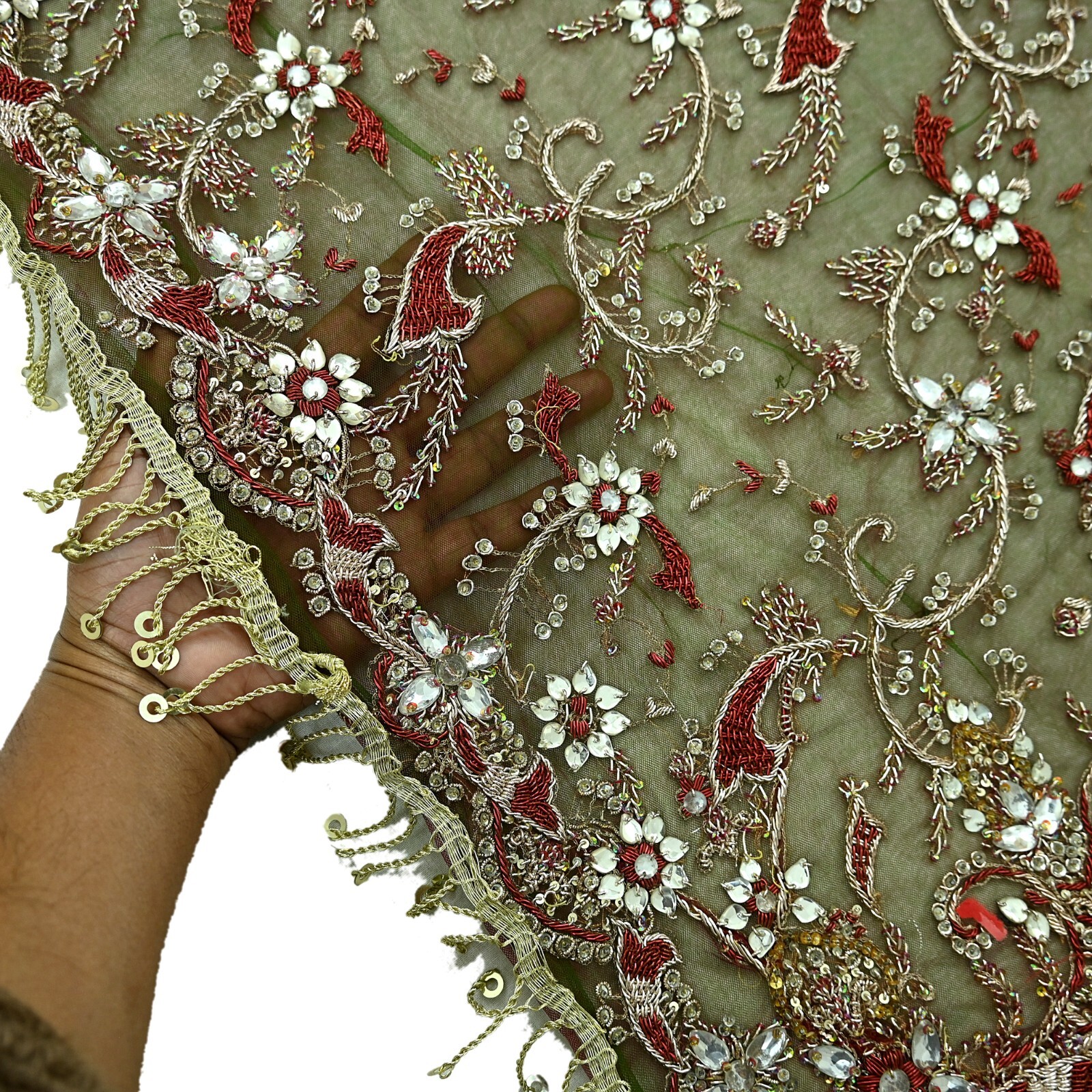 Vintage Heavy Green & Maroon Dupatta Net Mesh Long Stole Hand Embroidered Veil