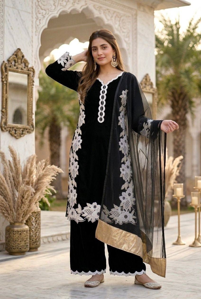 New Heavy Natural Silk Black Micro Top Palazzo With Dupatta For Functional Wear