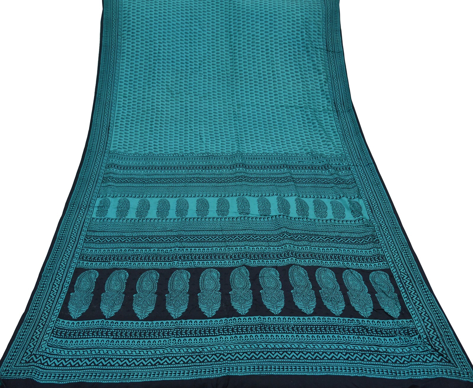 Indian Vintage Green & Black Sarees Hand Block Printed Sari Pure Silk Fabric 5yd