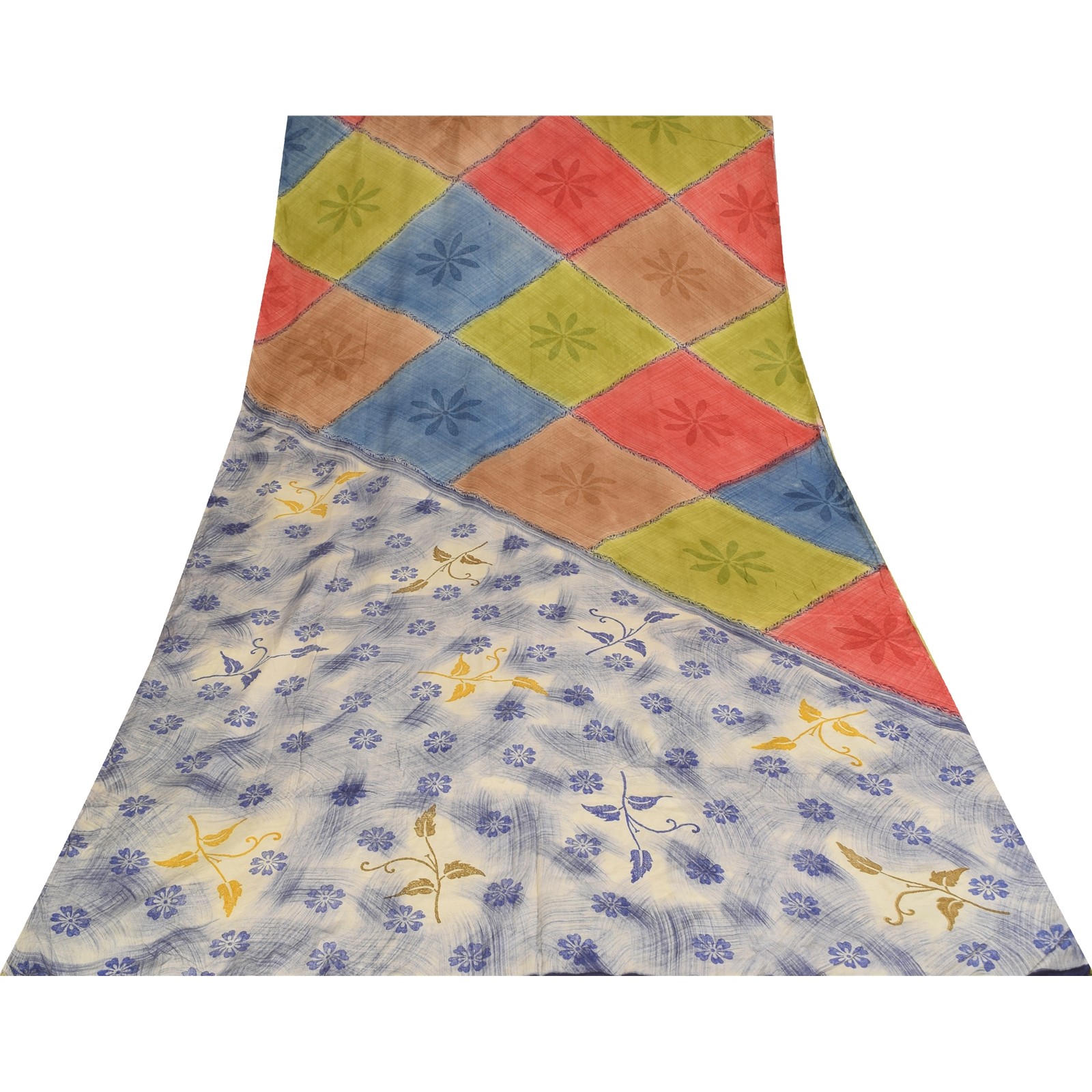 Sanskriti Vintage Saree Multicolor Pure Crepe Silk Print Sari 5.5Yd Craft Fabric