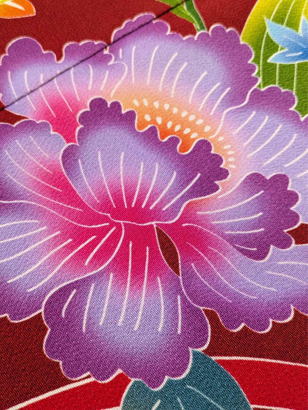 Japanese Kimono Silk Furisode Red Clouds Yuzen Colored Floral Big Oni-chirimen