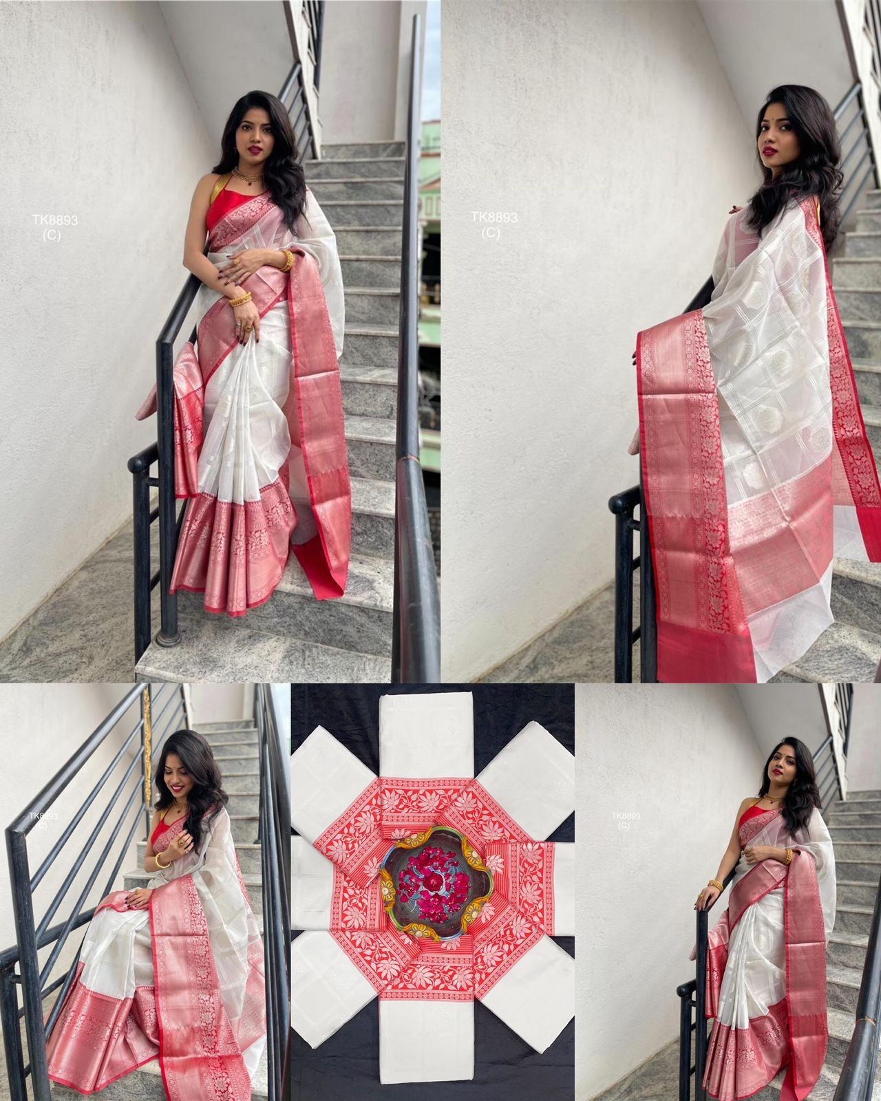 indian sarees for women White Silk Saree Bollywood Jacquard Brocade Blouse Saree