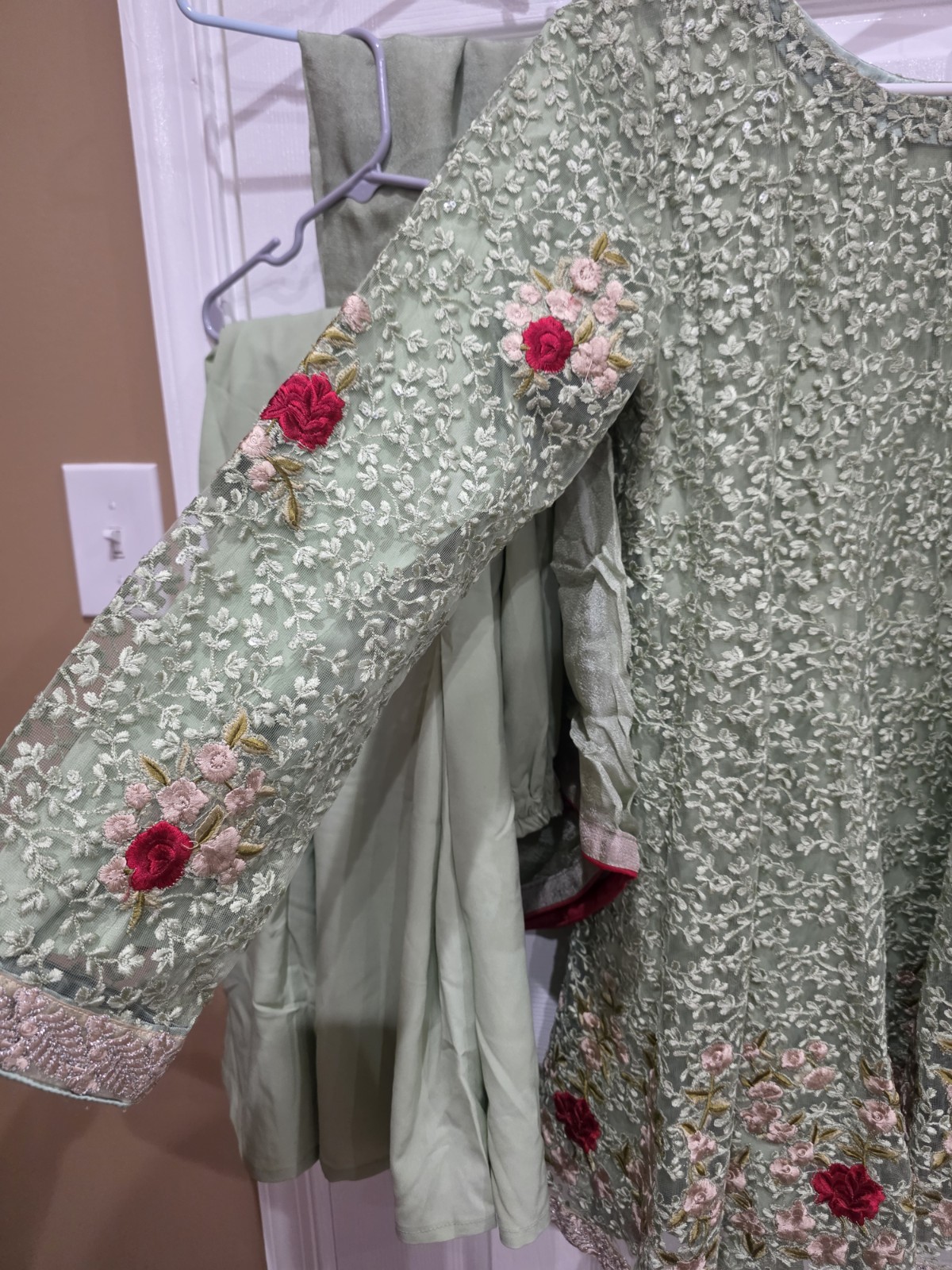 Pakistani 3Pc Embroidered Net Suit Green Gharara Kameez Wedding Party Size M