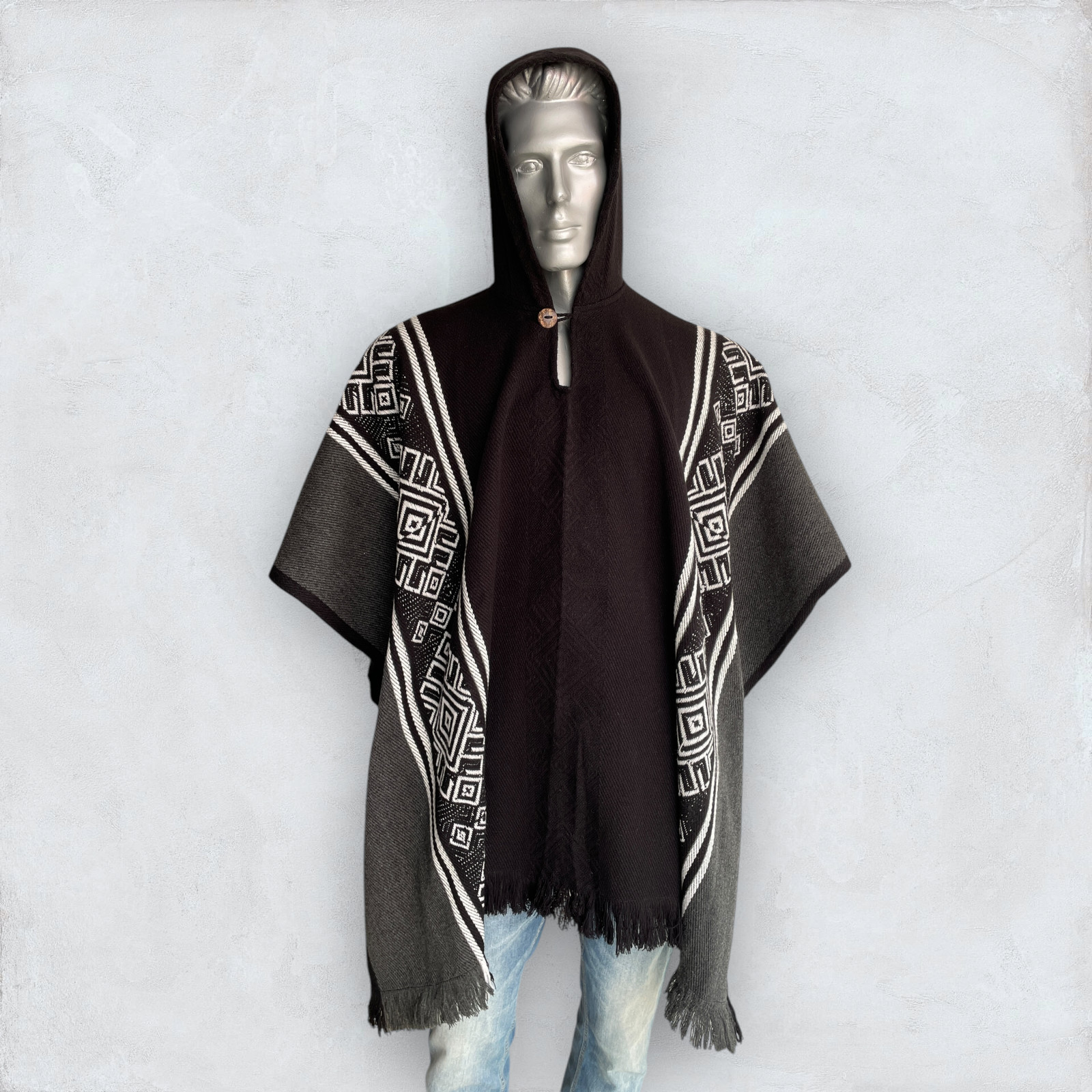Handmade Sheep Wool Poncho Soft black/gray Handcrafted Navajo Design Geometric