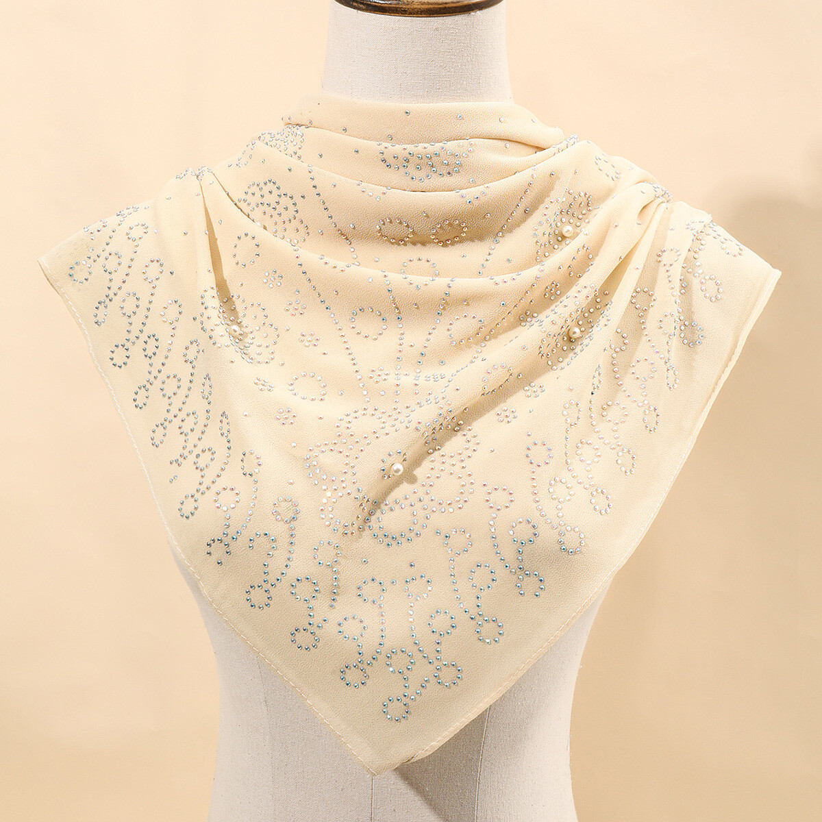 Rhinestone Pearl Chiffon Large Square Scarf Turban Muslim Hijabs Kerchief Shawls