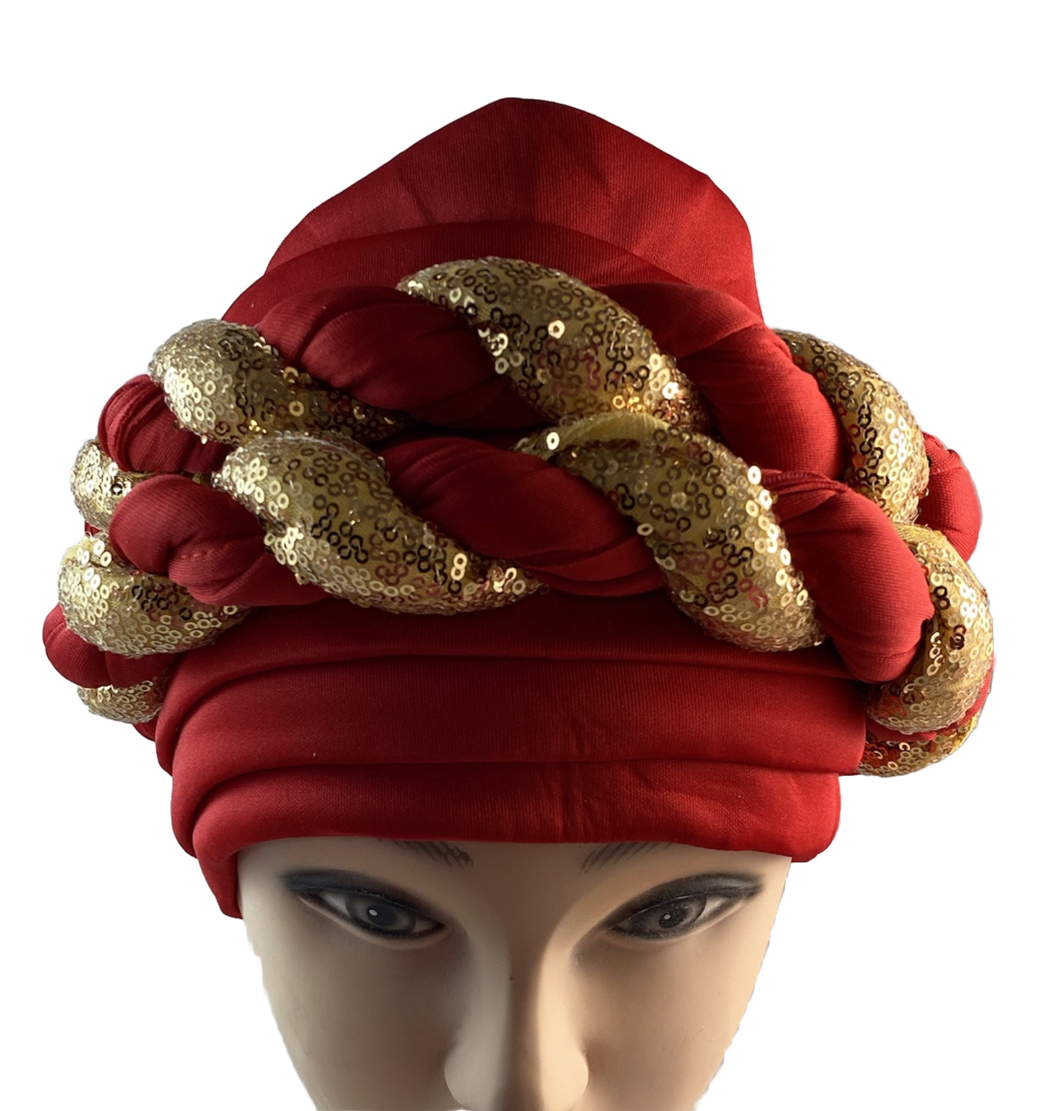 African Women Spandex Ornate Stretch Turban Hat Ladies Head Piece ~ Red & Gold
