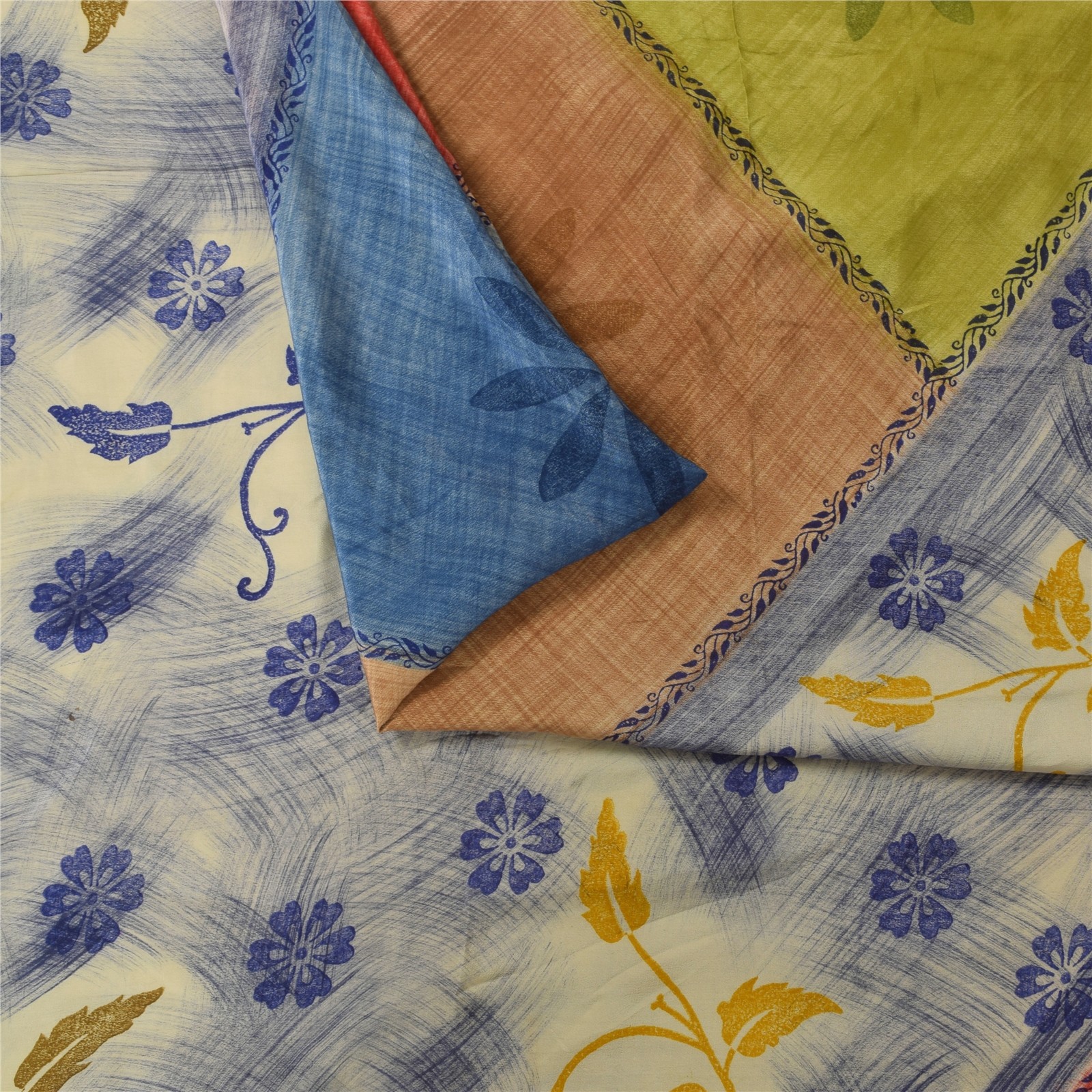 Sanskriti Vintage Saree Multicolor Pure Crepe Silk Print Sari 5.5Yd Craft Fabric
