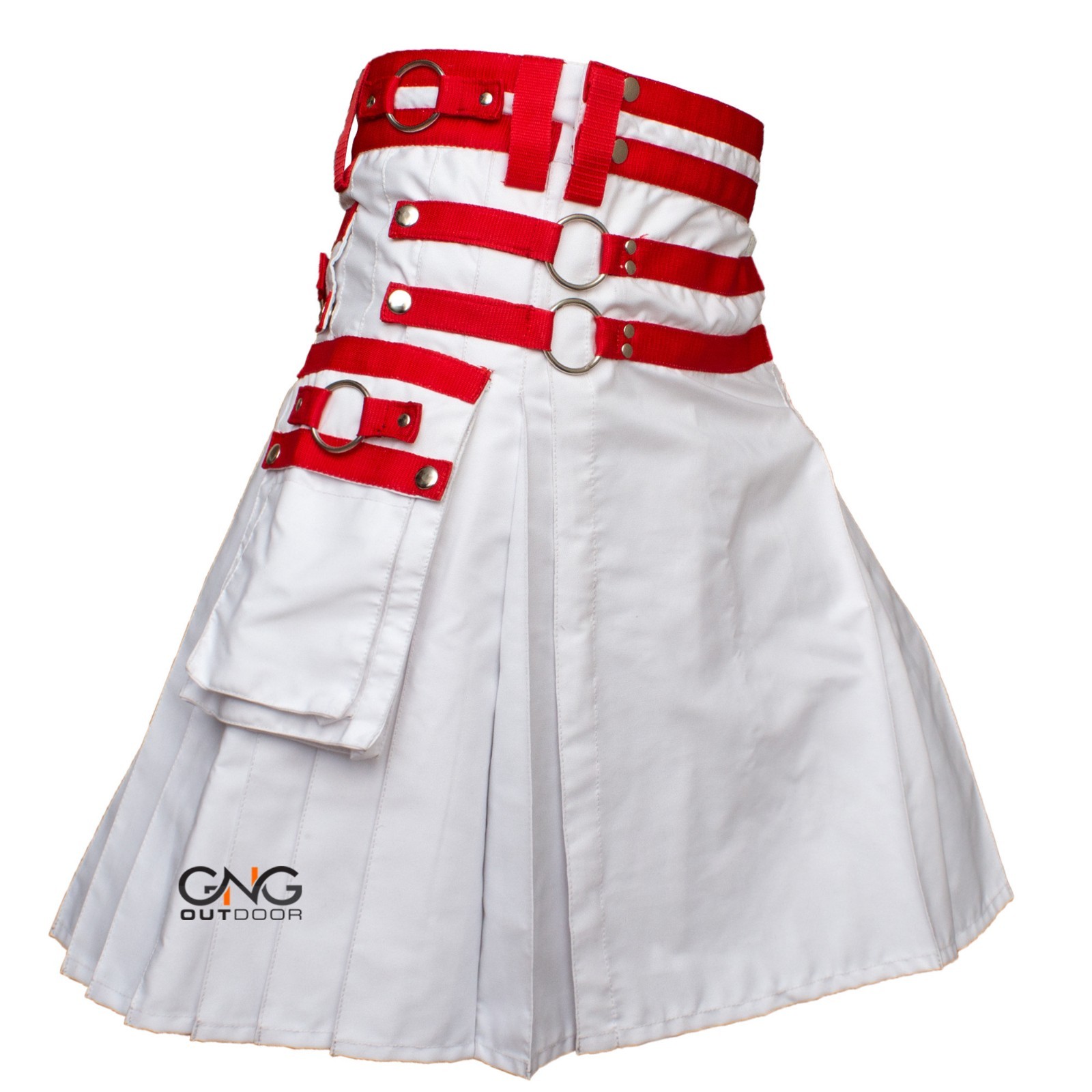 Men’s Scottish White and Red Strap Utility kilt Modern Fashion Highland kilt