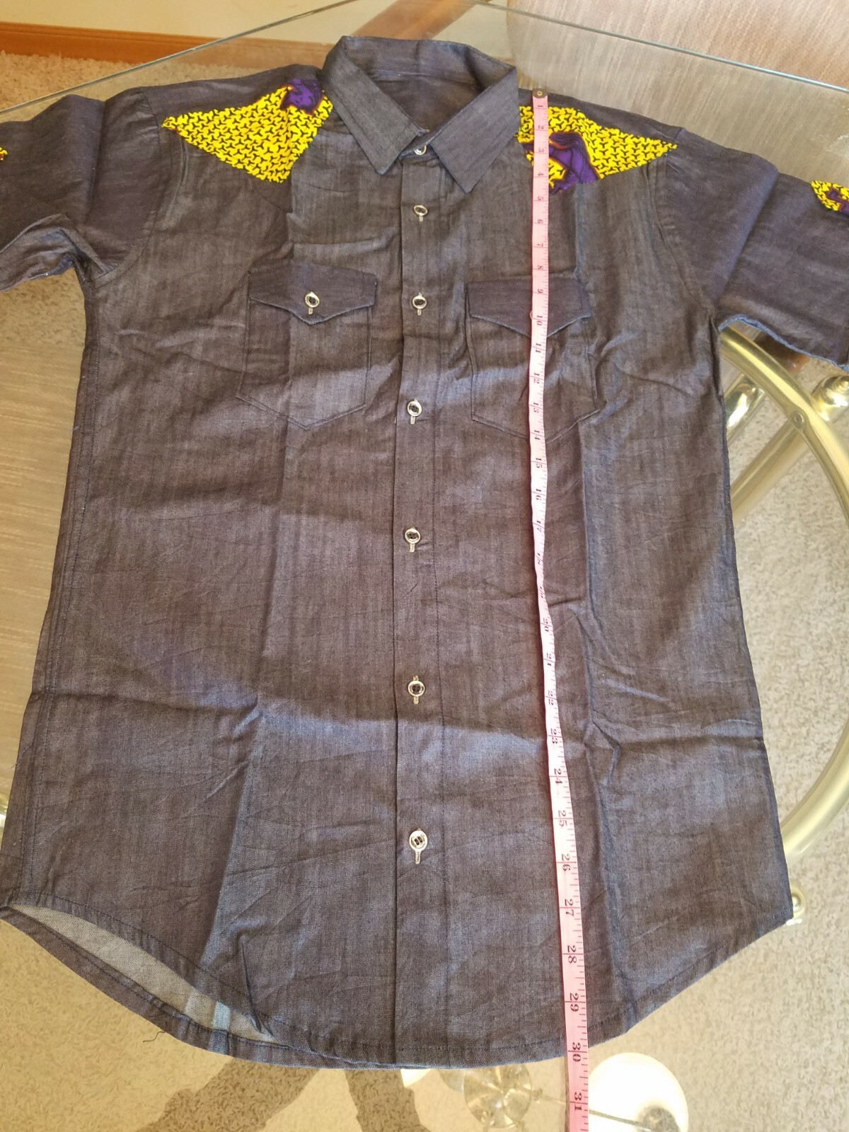Men’s Ankara On Jean Shirt African Dashiki Blue Multi Color Armpit-size: 19.5″