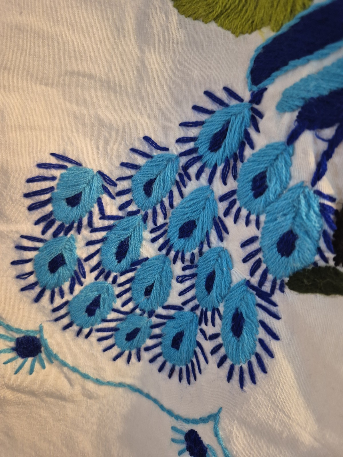 Handmade traditional puebla mexican embroidered White dress with blue floral.c1
