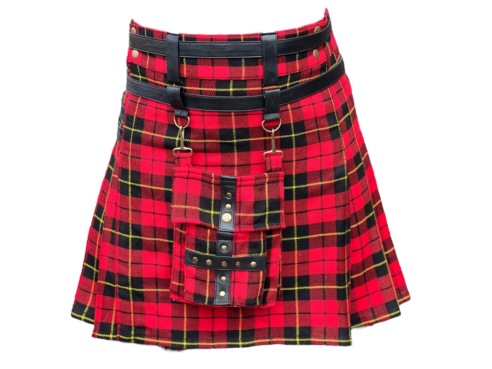 Men’s Scottish Tartan Wool Highland Utility Hybrid Pocket Leather Belt kilt