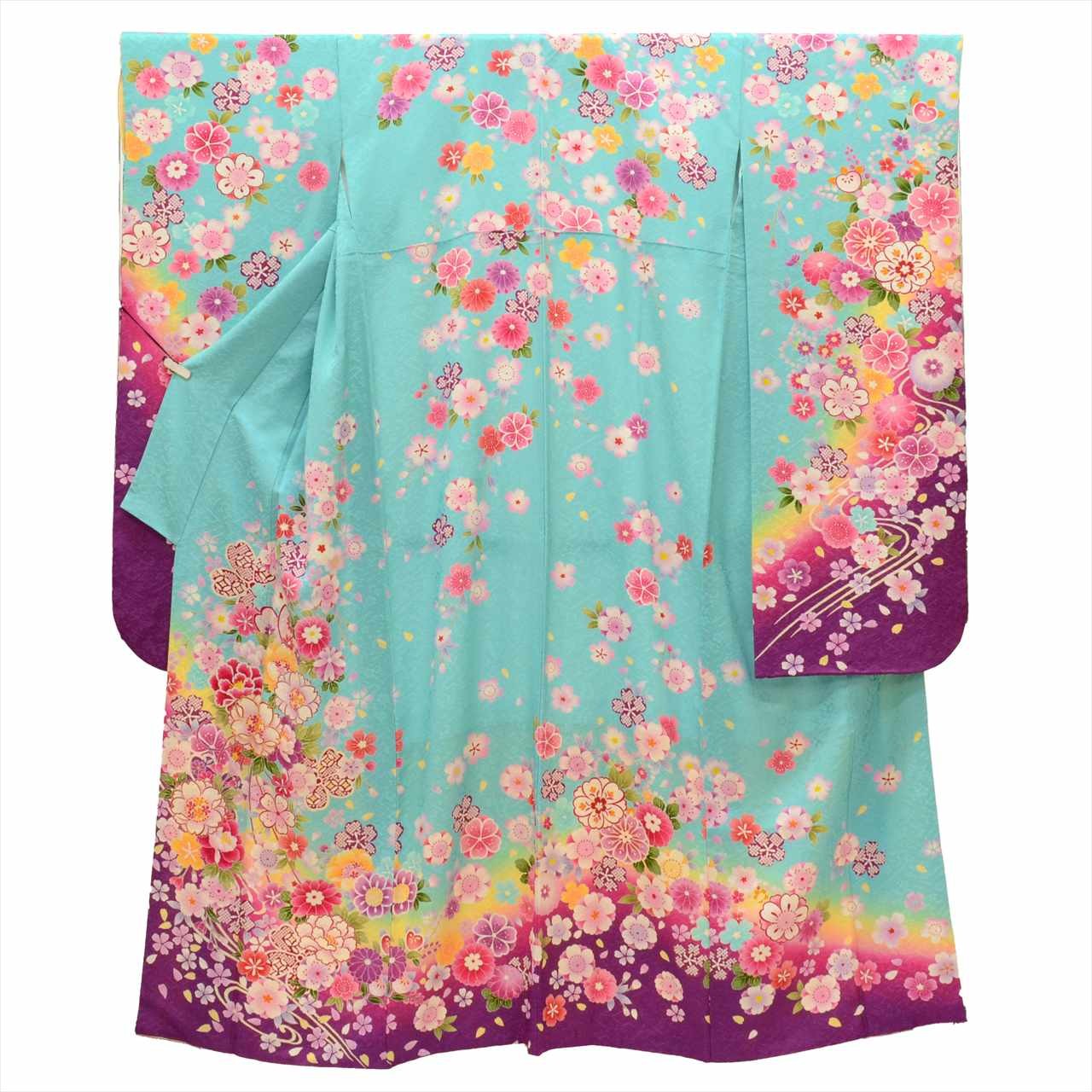 Vintage Japanese Kimono Furisode Silk Light Blue Gold Embroidery uu0243b*